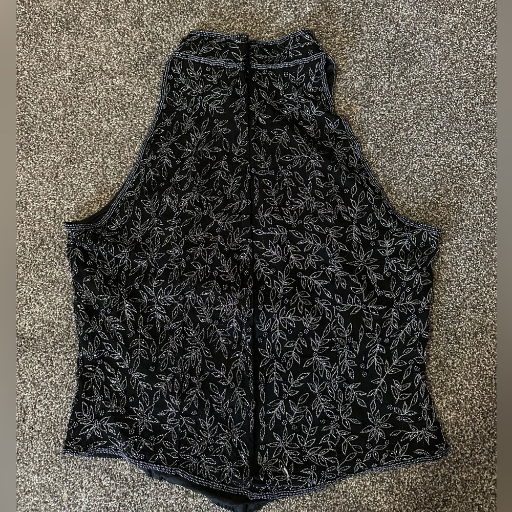 Papell Boutique Evening Black Beaded Sequined Floral Halter Top Blouse Silk Sz L